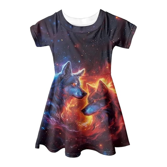 Girls Short Sleeve A Line Swing Dress Galaxy Wolf All Over Print Soft Stretchy Casual Sundress Kids Daily Outdoor Summer Flared Dress(Black,10-13 Years)