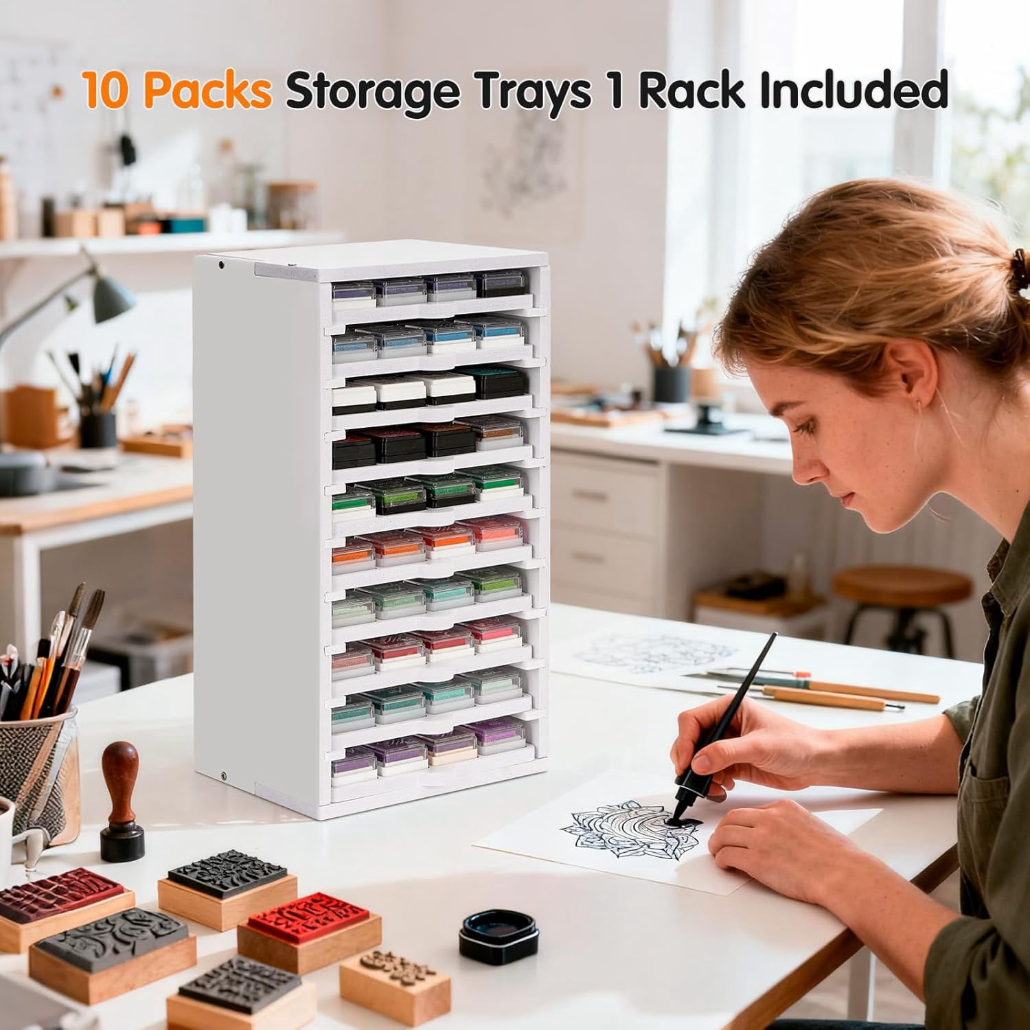 Ink Pad Trays Organizer Rack 10 Slots Ink Pad Storage Mini Size Stamp Ink Pad Storage Organizer Pad Storage Rack with 10 Tray, 1 Tray Holds 12 Inkpad, All of 10 Trays Holds 120