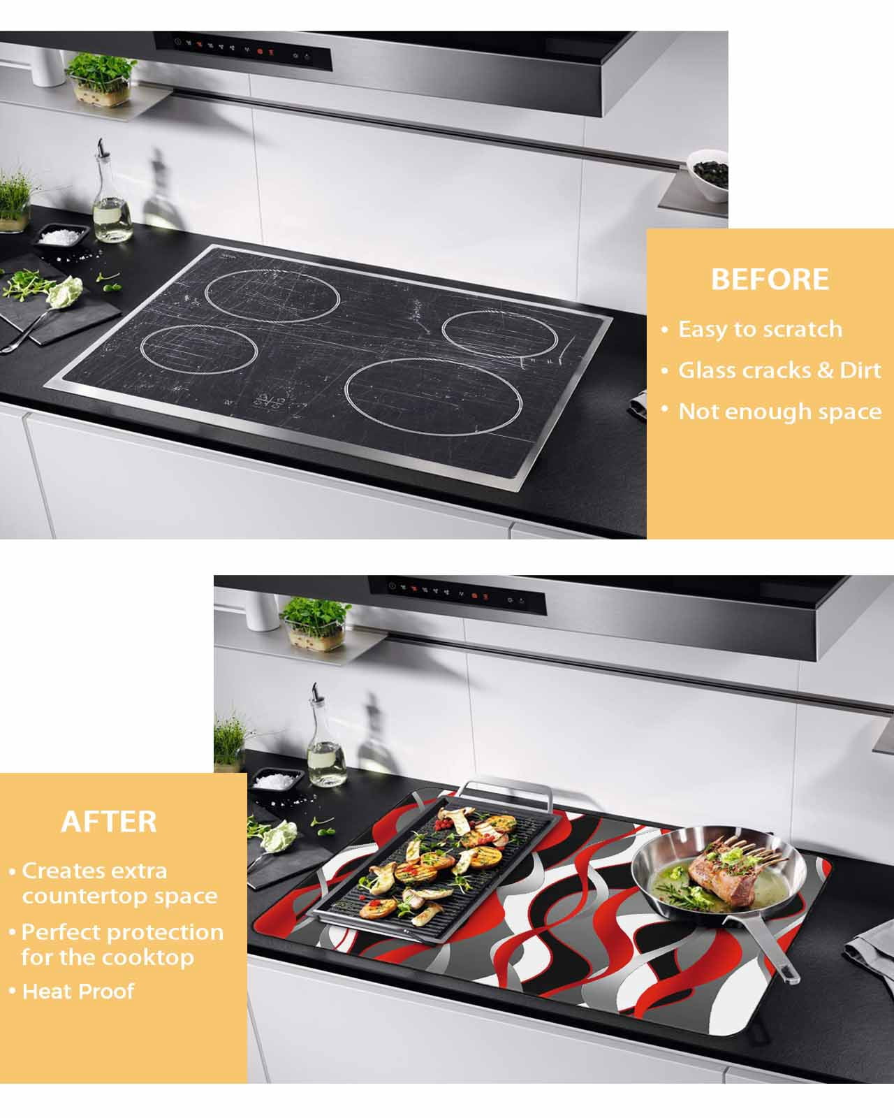 nqOlkjepod Large Induction Cooktop Protector Mat 36"x21", Red Stripe Stove Top Covers for Electric Stove, Grey Moire Ombre Geometric Modern Abstract Stove Burner Cover Mats, Glass Top Stove Cover