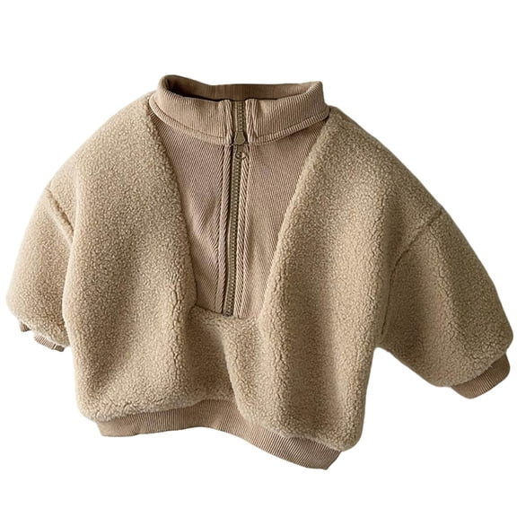 Toddler Kids Fleece Sweatshirt Boys Girls Fuzzy Patchwork Pullover Quarter-Zip Loose Fitting Sweatshirt Tops Girls Shirts Dressy Casual Beige 12-18M