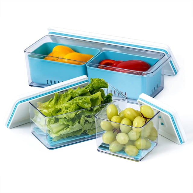 Lille Home Stackable Produce Saver, Organizer Bins/Storage Containers with Removable Drain Tray, Set of 3, for Refrigerators, Cabinets, Countertops and Pantry, BPA Free (Blue,Set of 3)