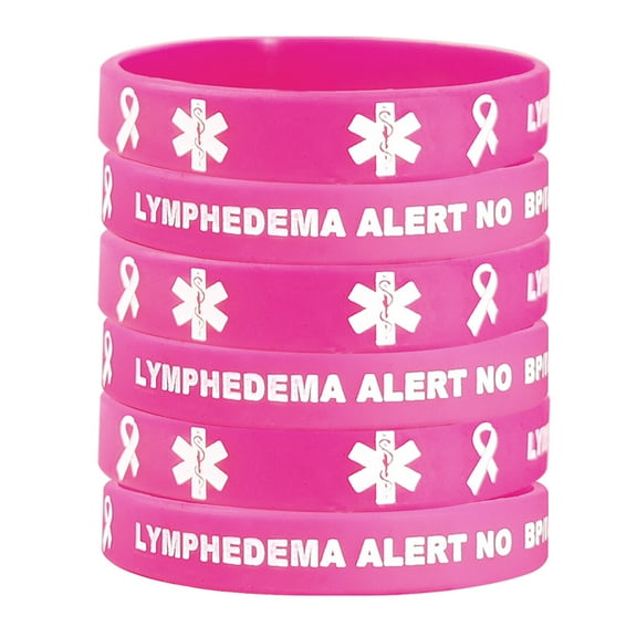 6 Pack Noticeable Pink Lymphedema Alert No Bp/Iv/Needles This Arm Medical Bracelets Limbs Alarm Silicone Wristbands Emergency Security Rubber Bands for Limbs Cancer Patients, with Aid Bag