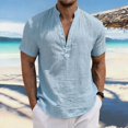 thumbnail image 2 of Gaukiv Men's Band Collar Shirts Short Sleeve Linen Blouses Relaxed Tops Sky Blue L, 2 of 5