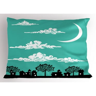 Ambesonne Cloud Pillow Sham, Buildings with Trees, 36" X 20", Turquoise White