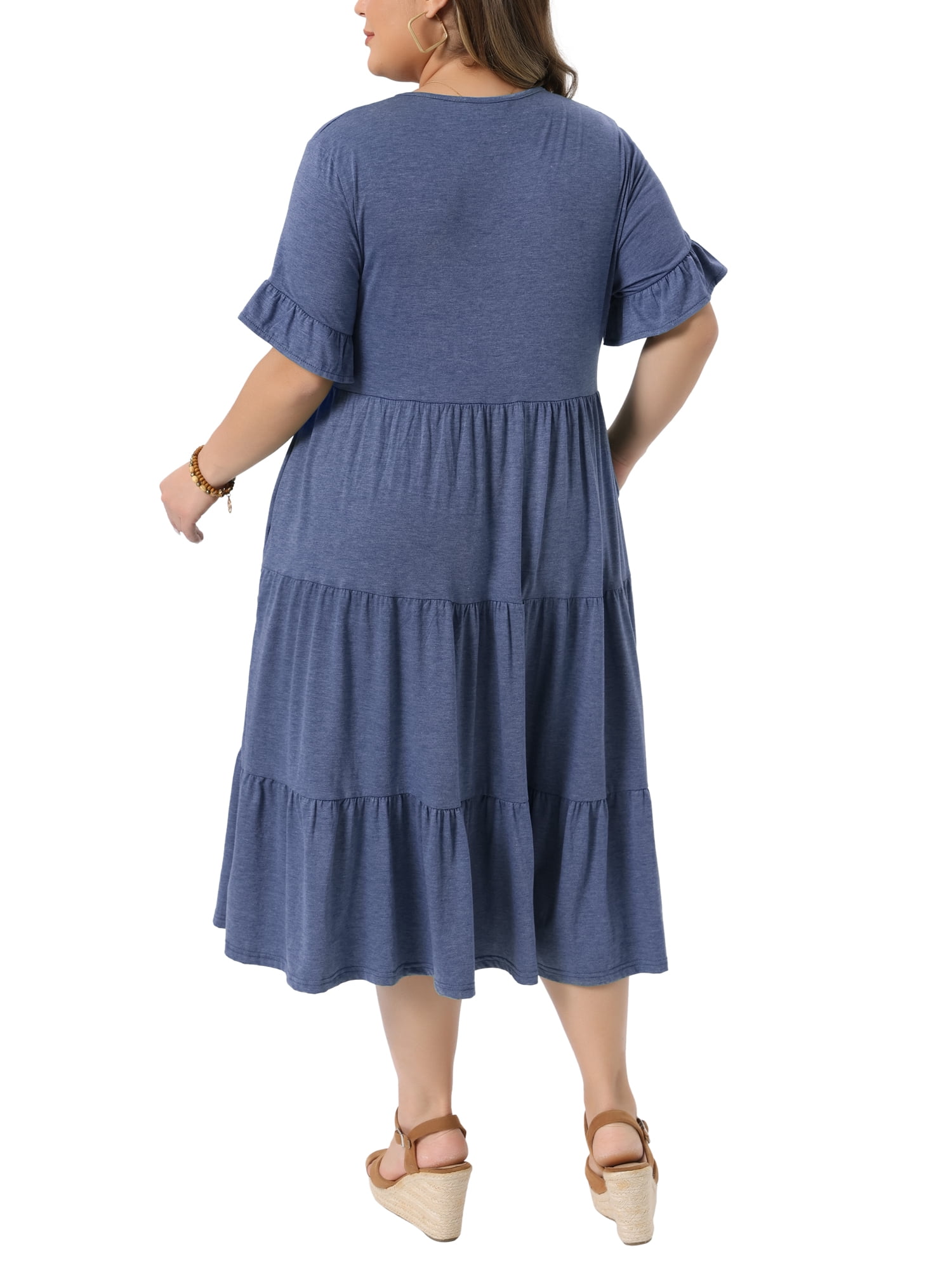 DARING DIVA Women's Plus Size Babydoll V Neck Ruffle Sleeve Swing Tiered Dress 3X Blue