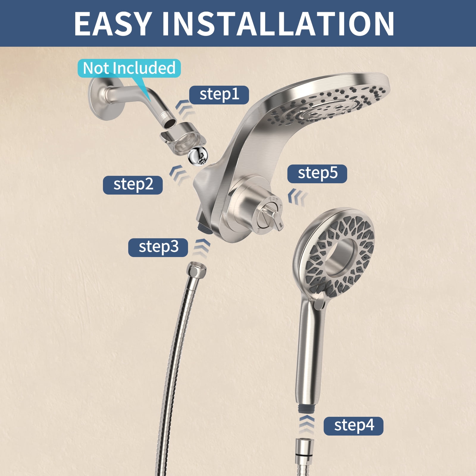 KAIYING Magnetic Handheld Shower Head and Rain Combo, Multi-Setting Spray with 71 Inch Hose, Brushed Nickel