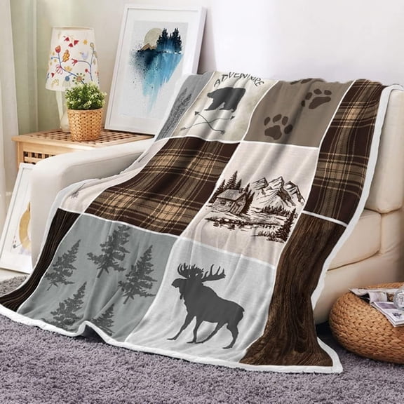 Cabin Rustic Throw Blankets, Bear Deer Country Hunting Wild Animal Lodge Cozy Warm Bed Couch Blanket, Plaid Check Adventure White Fleece Flannel Throws to Decorate The Room and Bedroom