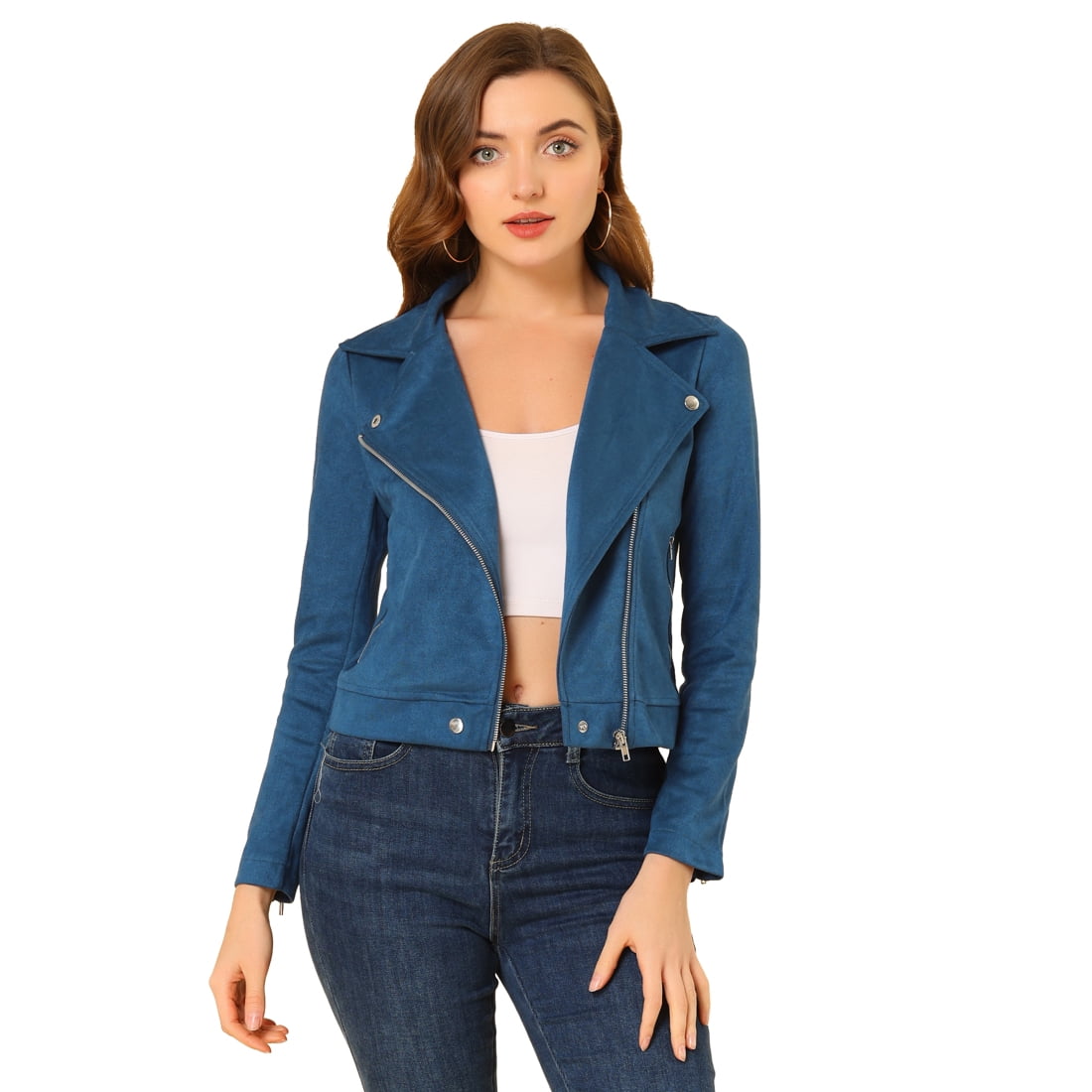 Unique Bargains Women Short Soft Zip Up Faux Suede Biker Moto Jacket Other