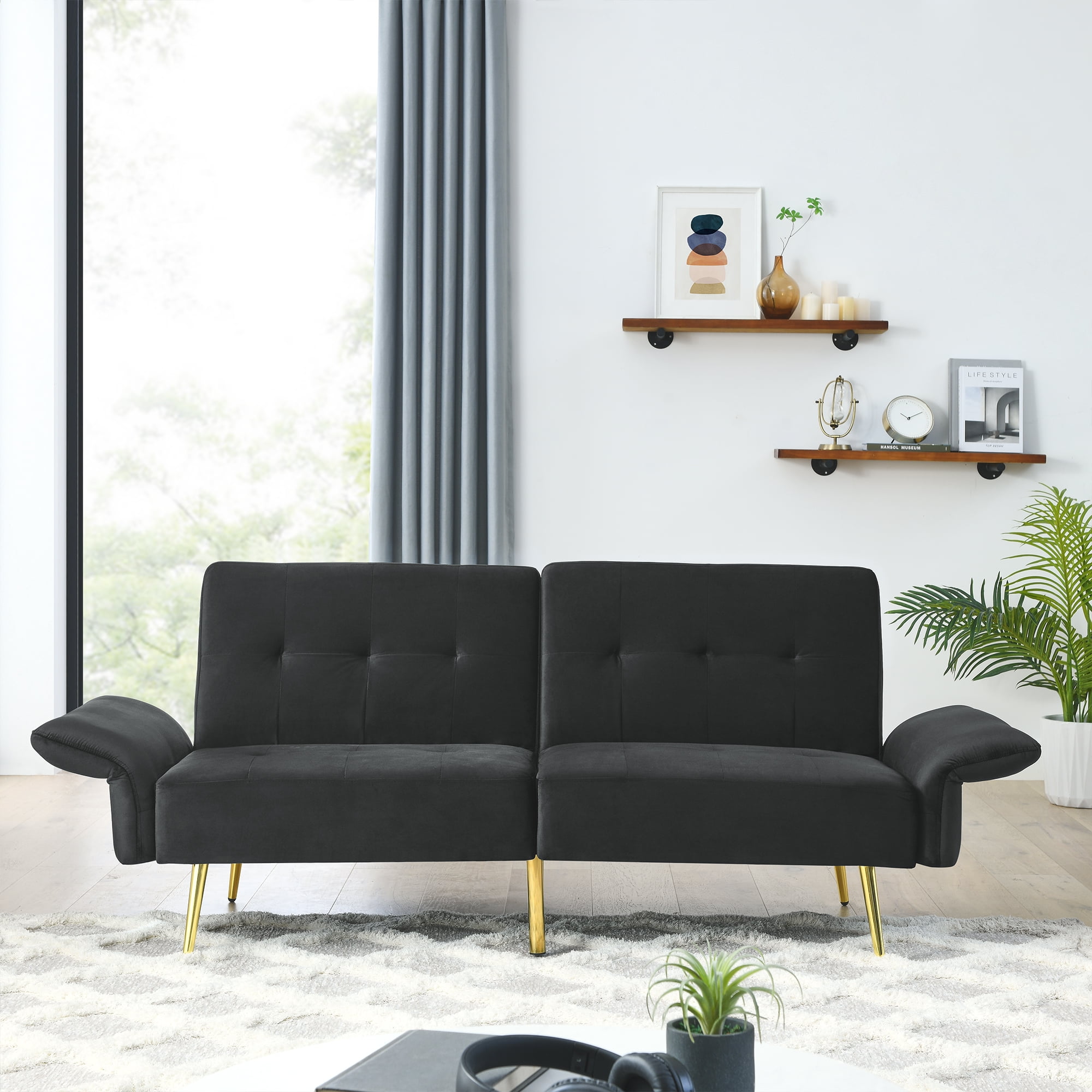 Canddidliike Velvet Futon Sofa Bed, Convertible Sleeper Loveseat Couch with Folded Armrests and Storage Bags for Living Room and Small Space, Black 280g velvet Canddidliike Velvet Futon Sofa Bed, Convertible Sleeper Loveseat Couch with Folded Armrests and Storage Bags for Living Room and Small Space, Black 280g velvet