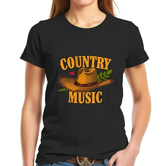 Vintage Inspired Country Music Graphic T-Shirt for Women - Classic & Rustic Leaves Design Soft Cotton Short Sleeve Tee