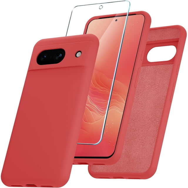 KOMI for Google Pixel 8a Case, Silicone Phone Case with 1 Screen Protector, Soft Anti-Scratch Microfiber Lining, Full Body Shockproof Slim Cover Support Wireless Charging, Orange