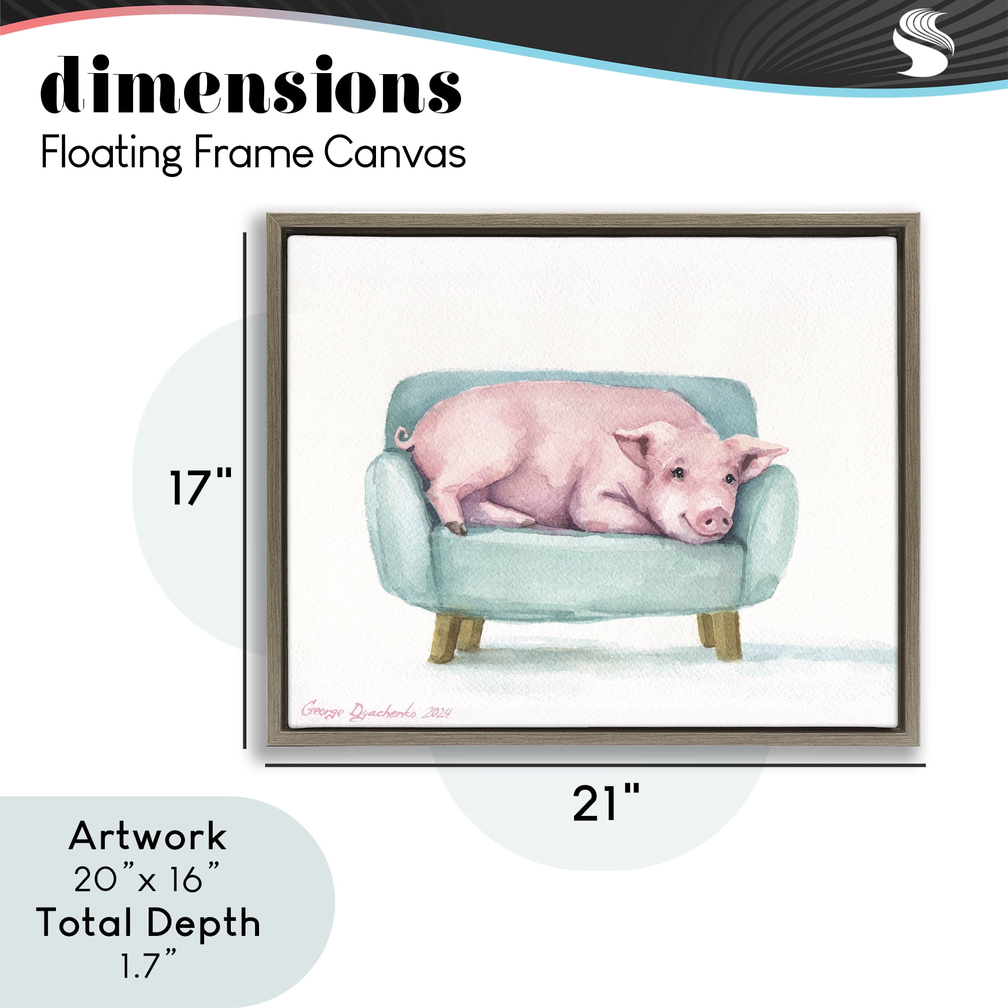 Stupell Industries Cute Piglet on Armchair Brown Framed Floater Canvas Wall Art, design by George Dyachenko