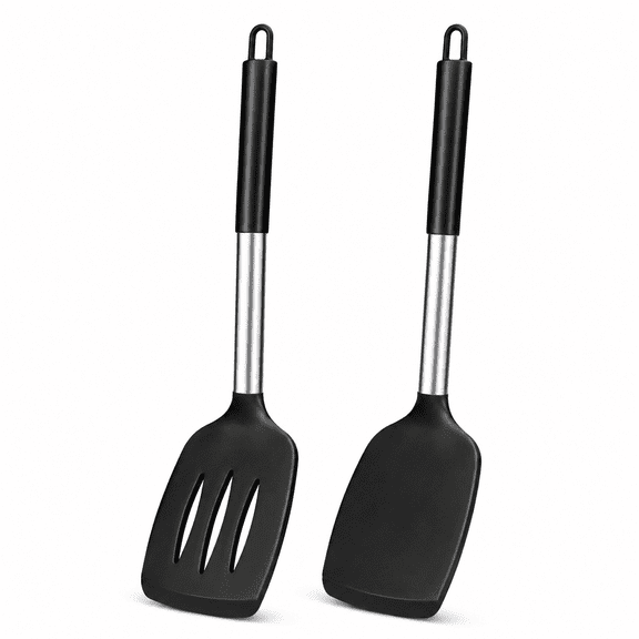 Hemivara Silicone Spatula Turner Set, 2 Pack Solid & Slotted Kitchen Spatulas with Stainless Steel Core for Nonstick Cookware, Black