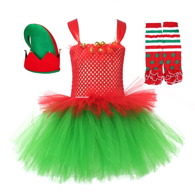 Conjunto de elfo navideño verde con diseño de moda navideña, juego de rol para fiestas, falda de ballet para niñas, falda abullonada