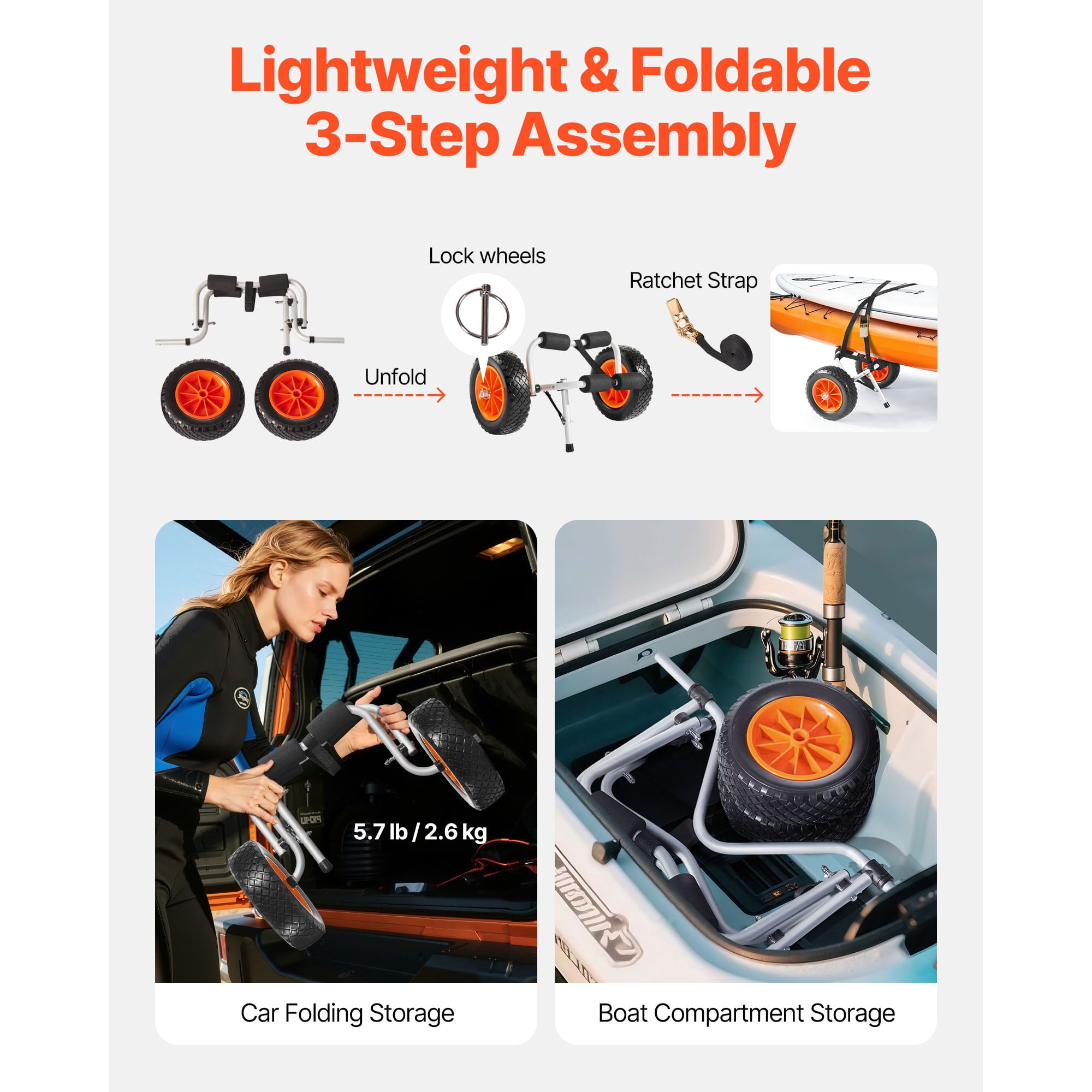 KFFKFF Foldable Kayak Cart with 200 lbs Capacity, Durable Trolley Featuring 10-inch Solid Rubber Tires and Ratchet Strap for Transporting Kayaks, Canoes, Paddleboards, Float Mats, and Small Boats