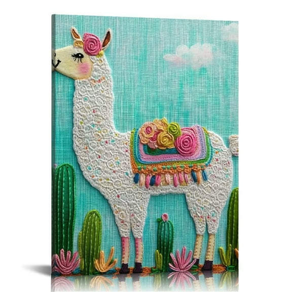 Autua Llama Cactus Decorative Canvas Print Wall Art Home Decor 12x16 in