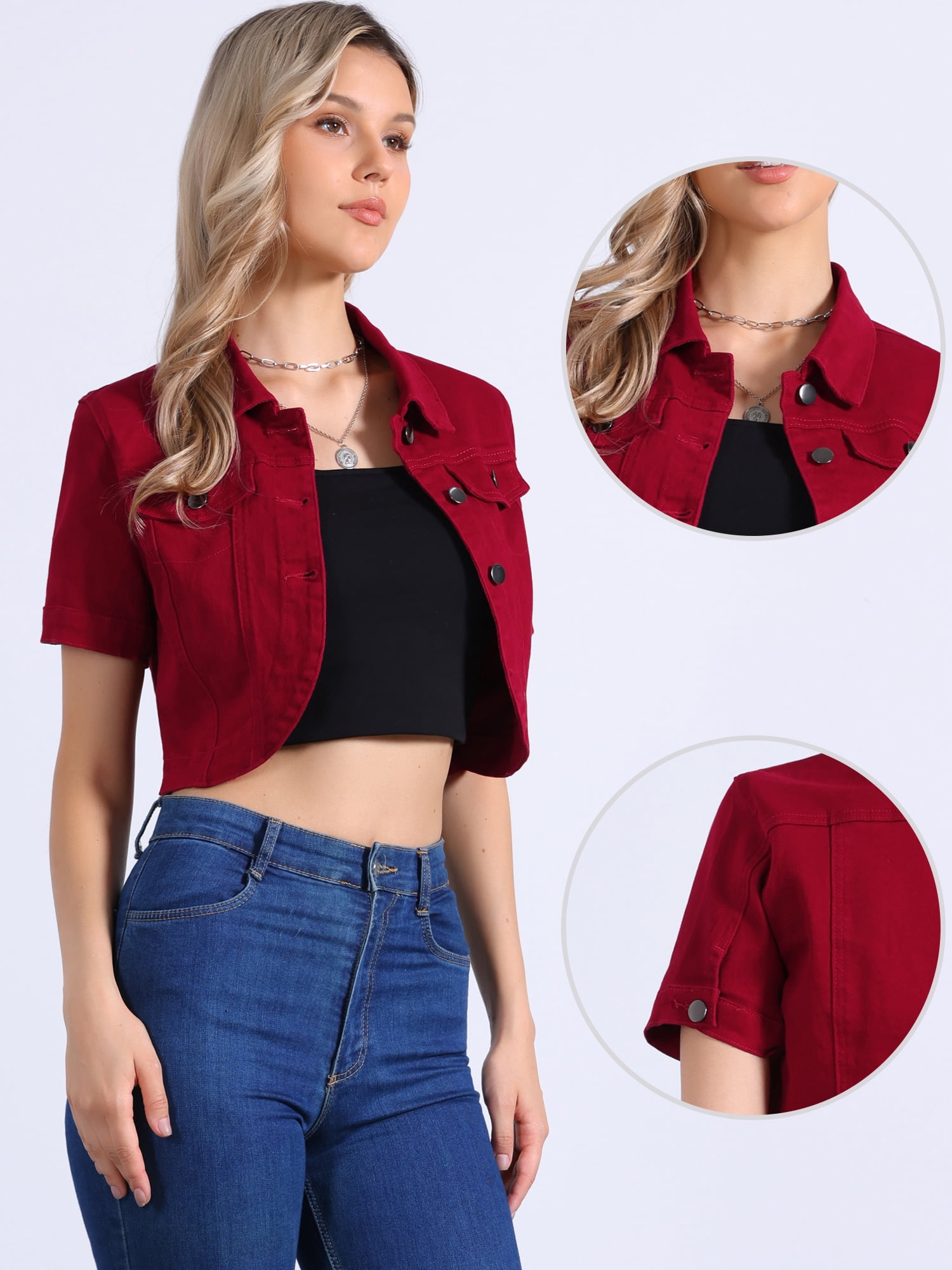 DARING DIVA Women's Denim Jacket Turndown Collar Short Sleeves Crop Jean Jackets M Red