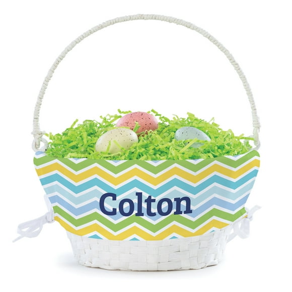 Personalized Planet Boys Chevron Liner with Custom Name Printed in Blue Letters on White Woven Spring Easter Basket with Collapsible Handle for Egg Hunt or Book Toy Storage