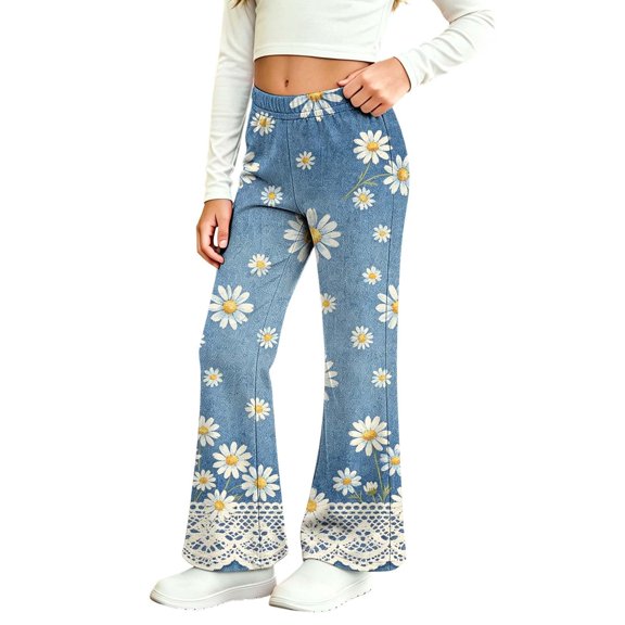 MuXiKeJi Clothes Wide Leg Jeans Girls Baggy Cute Print Elastic Waist Wide Leg Flared Denim Pants Regular Fit Long Casual Bottoms Girls Jeans