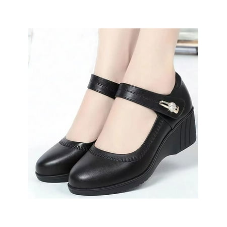 

UKAP Ladies Casual Shoe Ankle Strap Wedge Pumps Shoes Mid Heel Mary Jane Comfort Women Slip On Fashion Black 8
