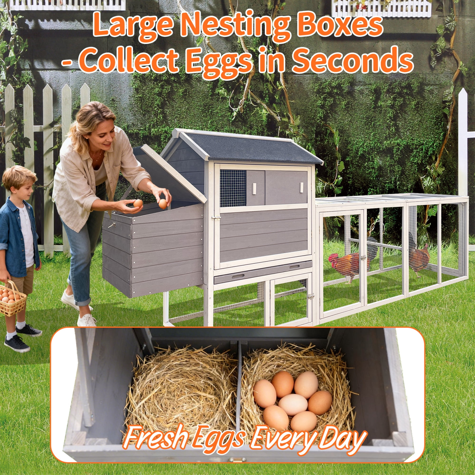 Leumius Wooden Chicken Coop, Large Outdoor Hen House with Run and Nesting Box Poultry Cage, Rabbit Hutch, Waterproof Anti-UV Panel for Backyard Gray