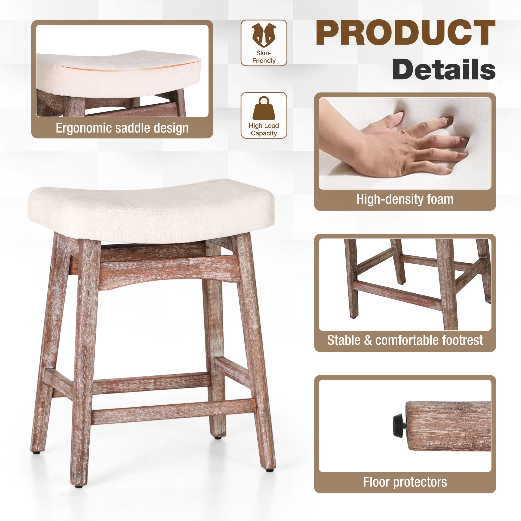 Summit Living 24 inch Wooden Backless Counter Height Bar Stools Set of 3, Linen Saddle Stools Chairs for Kitchen, White