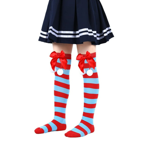 Girl Christmas Thigh High Socks Striped Teen Girls Over the Knee Long Socks with Bowknot Holiday Knit Stockings Gift
