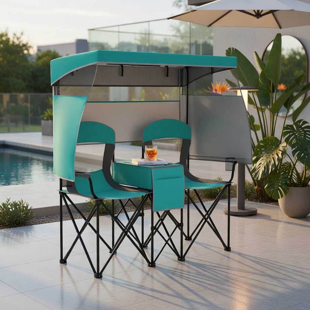 Hommoo Double Beach Chair with Adjustable UPF50+ Canopy, 3-Side Roll-Up Shade Curtains, Built-in Cooler Bag & Mesh Ventilation, Turquoise
