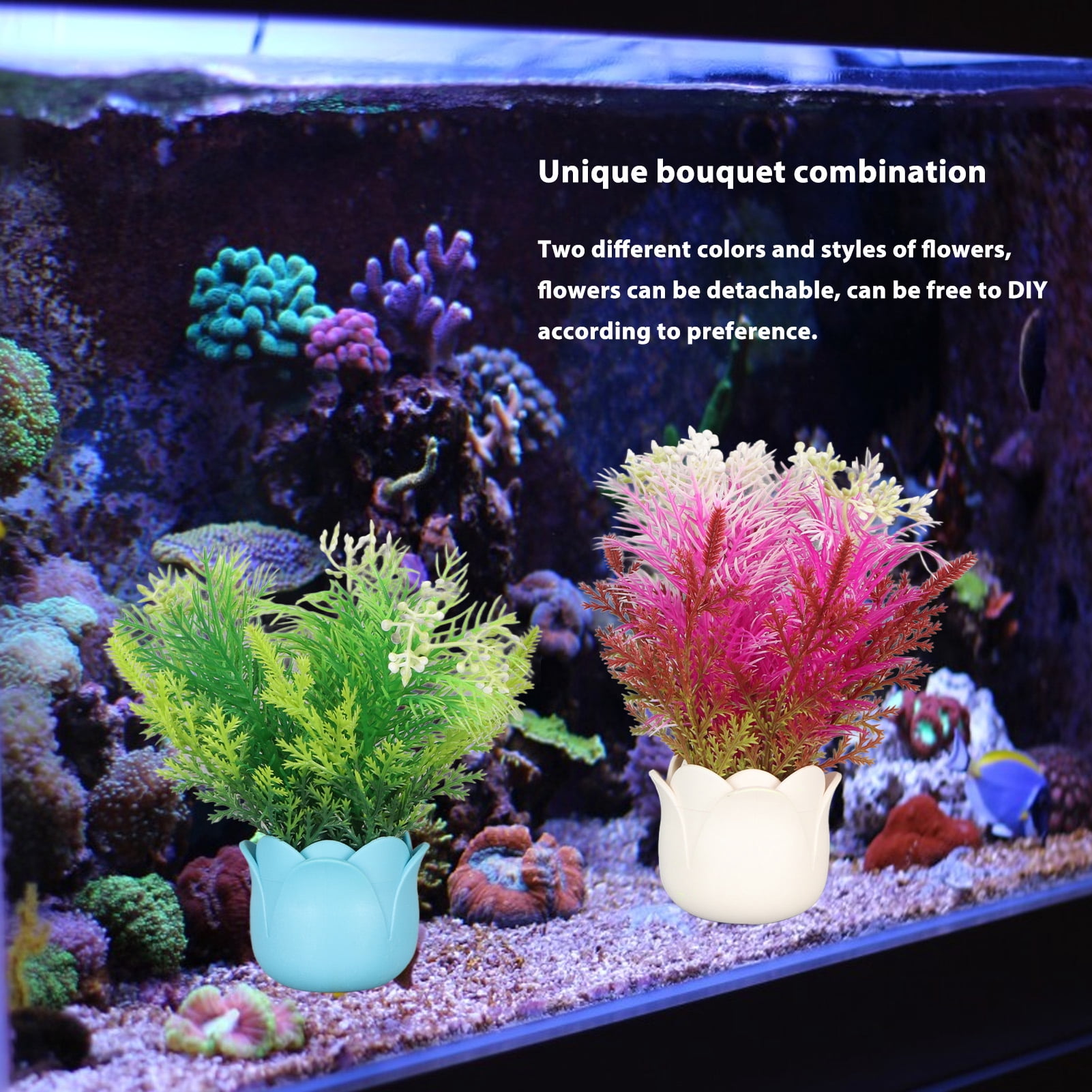 Rupoun 2pcs Artificial Aquarium Plants Silicone Flowers Resin Fish Tank Decoration Glow in the Dark Plant Ornament, 14.96 inches / 38 cm