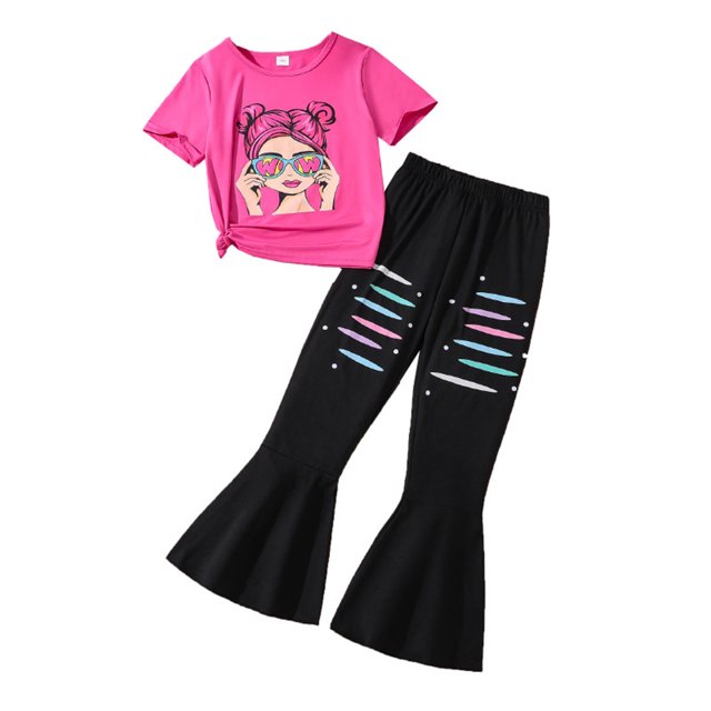 Odeerbi 8-13 Años Niñas Verano Trajes de Algodón de Manga Corta Recortada Tops Pantalones Acampanados de Dos Piezas Conjunto