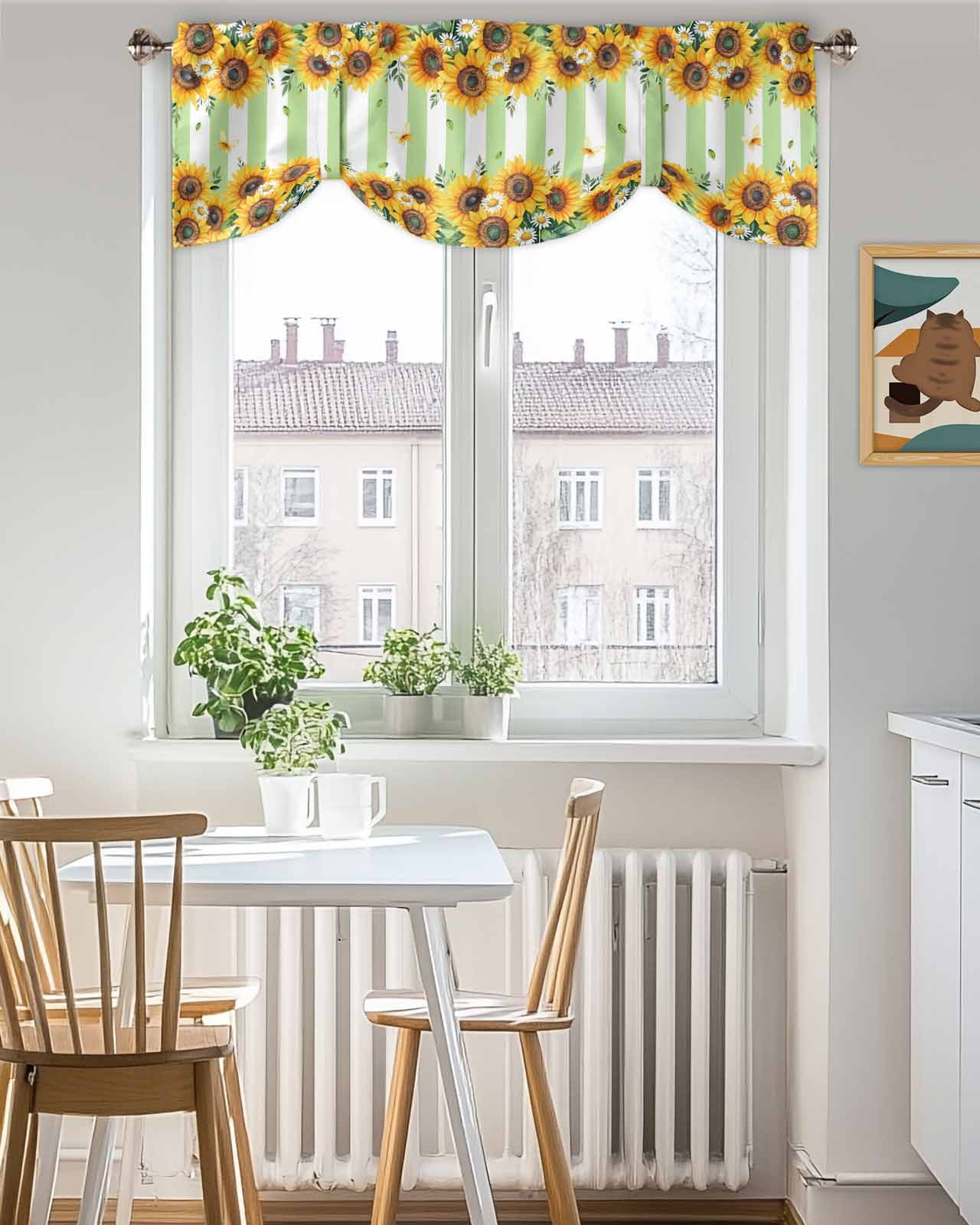 Summer Sunflower Tie Up Valances Curtain, Adjustable Kitchen Daisy Butterfly Leaf Green White Stripe Valances for Windows Decor, Rod Pocket Short Curtains Set for Bedroom/Bathroom, 54"x18"