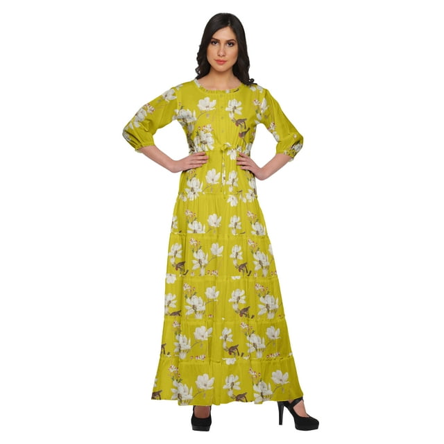 Moomaya Robe Longue Maxi Imprimée à Col Rond, Manches 3/4, avec Taille à Cordon