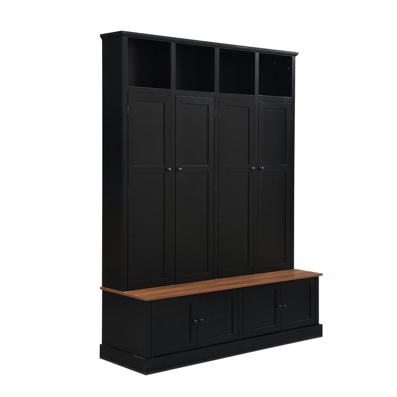 Farmhouse Hall Tree with Open Compartments, 4-in-1 Entryway Bench with Storage Cabinets, Modern Coat Rack with 4 Hooks for Hallway Entryway