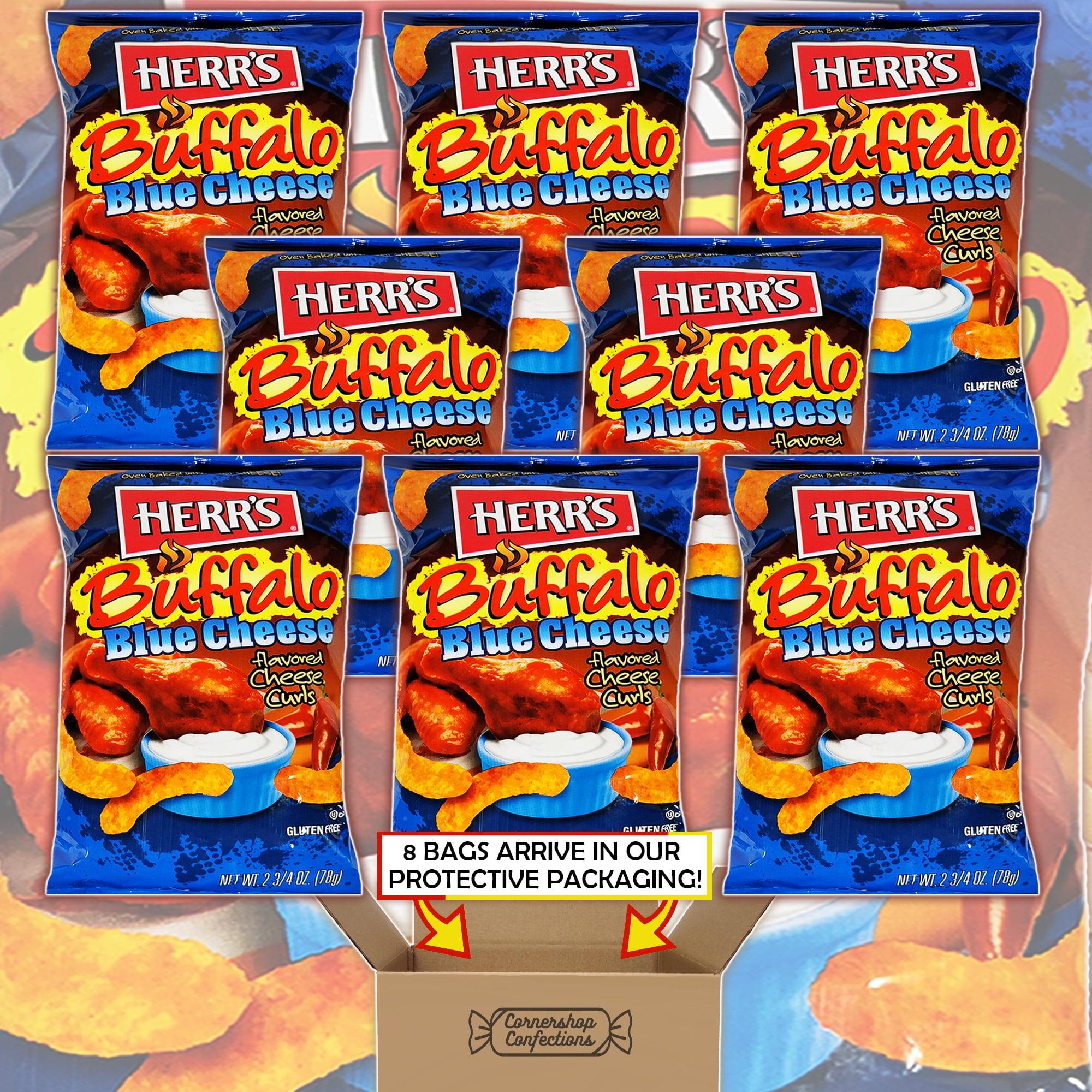 Herr's Buffalo Blue Cheese Flavored Cheese Curls 8 Bag Bulk Pack - 8 Individually Sealed Bags of Cheese Curls - Friendly Challenges, Movie Night, School Snack in Cornershop Confections Pack