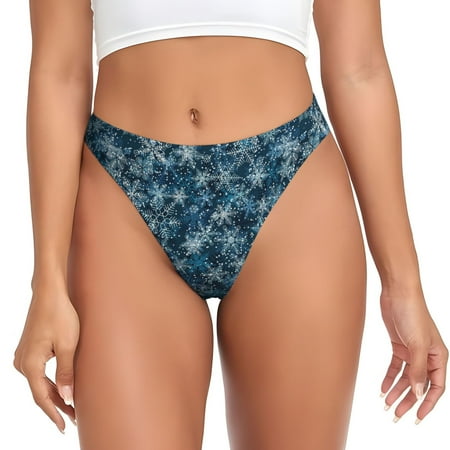 Qokaie Blue and White Gradient Snowflake Printed Women s Cotton Thong Underwear  Sexy Breathable Panties G-string-Medium