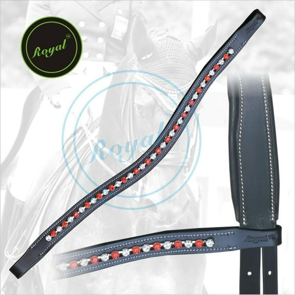 Exion Horse Browband For English Bridle | Curved Shape Padded Equestrian Browband For Show & Dressage | White & Red Crystal Browband For Horses