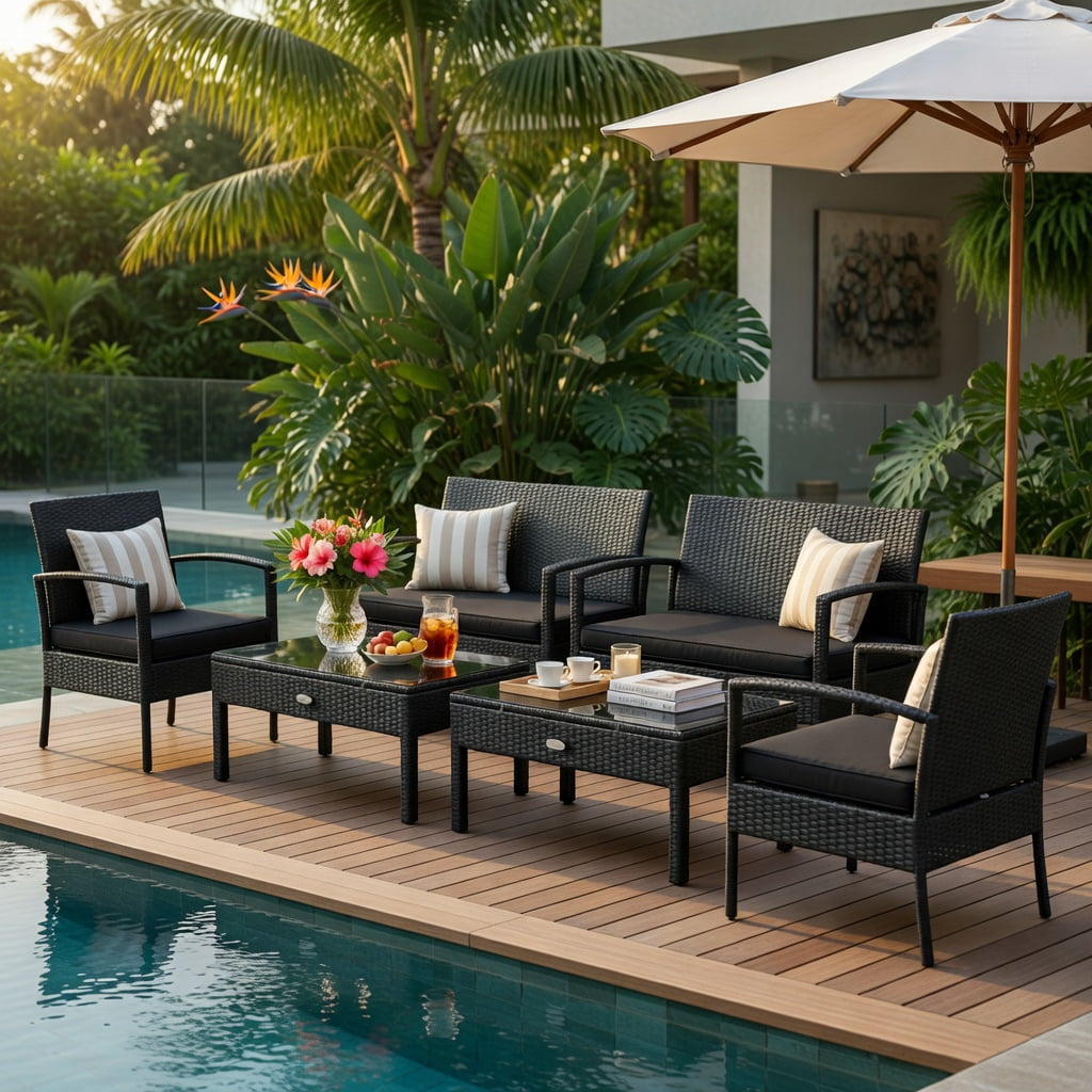 Hommoo 4-Piece Outdoor Rattan Patio Furniture Set with Cushions, PE Wicker Loveseat, Chairs & Coffee Table for Backyard, Balcony, Deck, Black