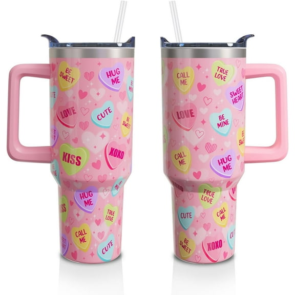 Valentine''s Day Gifts 40 Oz Tumbler with Handle and Straw, Pastel Hearts Stainless Steel Double Walled Vacuum Insulated Cup, Cute Anniversary Wedding Birthday Gifts for Women Girls (1 PC)