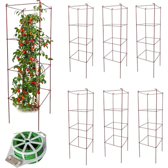 MY.Tomato Cages 6 Packs 46 Inch (H) Plant Stand with 164 Feet Twist Ties, Heavy Duty Garden Plants Support for Tomatoes, Cucumber, and Other Climbing Plants (Red)