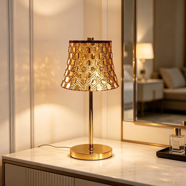 Linnome Vintage Metal Table Lamp Bedside Night Light Ambient Crystal Table Lamp Rechargeable Touch Lamp Gold#06