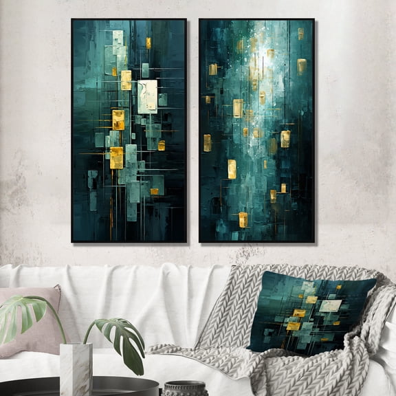 Designart "Tranquil Serenity Abstract in Turquoise and Gold I" Abstract Painting Framed Wall Art Set Of 2 - Modern Gold Gallery Wall Frame Set For Home Decor