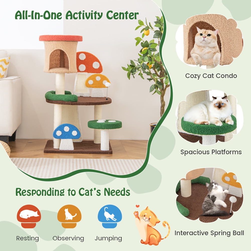 Cat Tower, Cat Tree for Indoor Cats, 4-In-1 Mushroom Cat Tree with Condo Spring Ball and Sisal Posts-Multicolor for Kittens, Elderly Cats, Adult Cats
