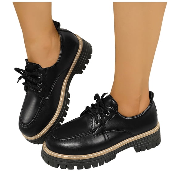 Womens Loafers Casual Round Toe Leather Lace up Platform Lug Sole Oxford Shoes Office Work Business Dressy Shoes Black Size 7.5