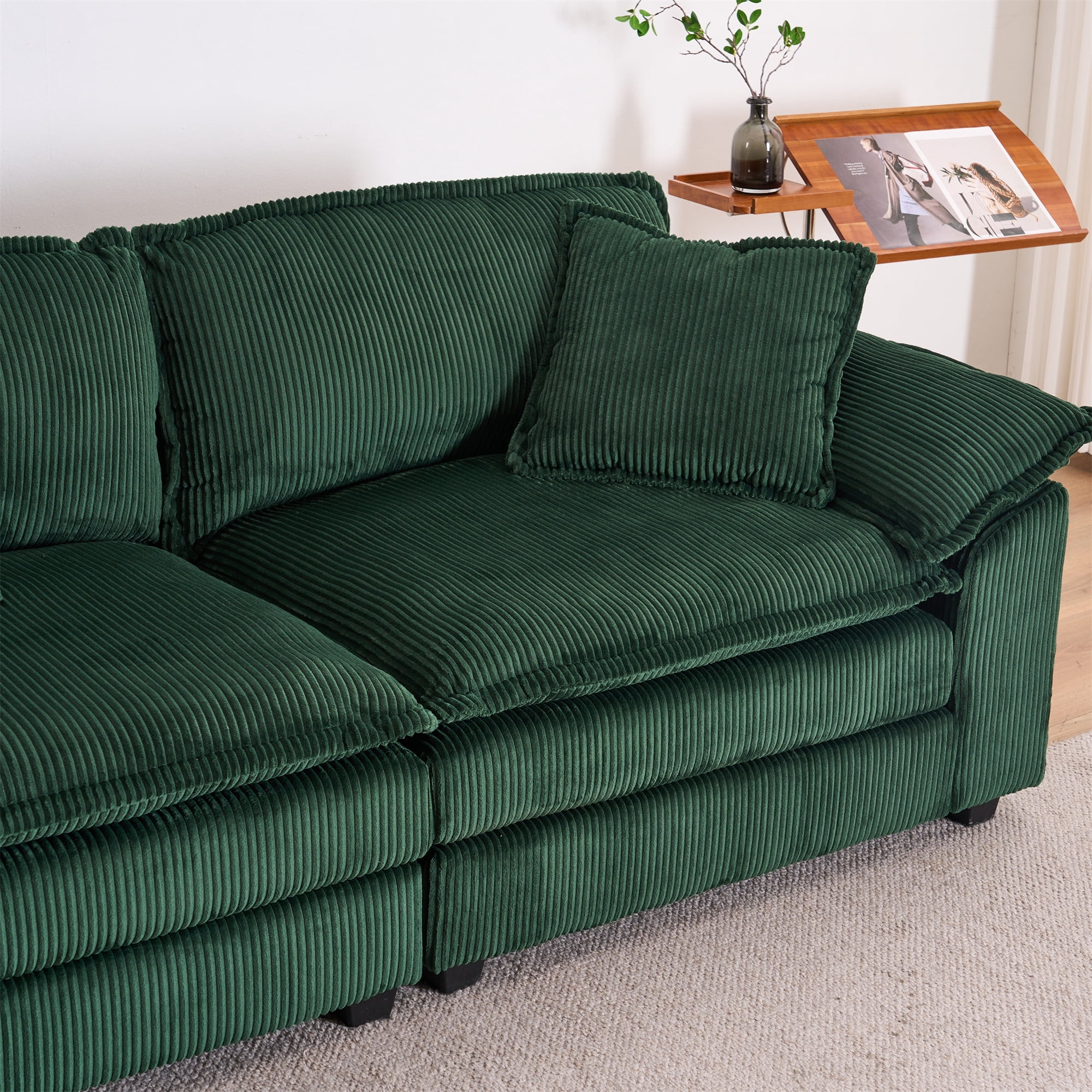 Aukfa Modular Sectional Couch Deep Seat Loveseat Sofa with 2 Ottoman for Living Room, 6 Pillows, Corduroy, Green
