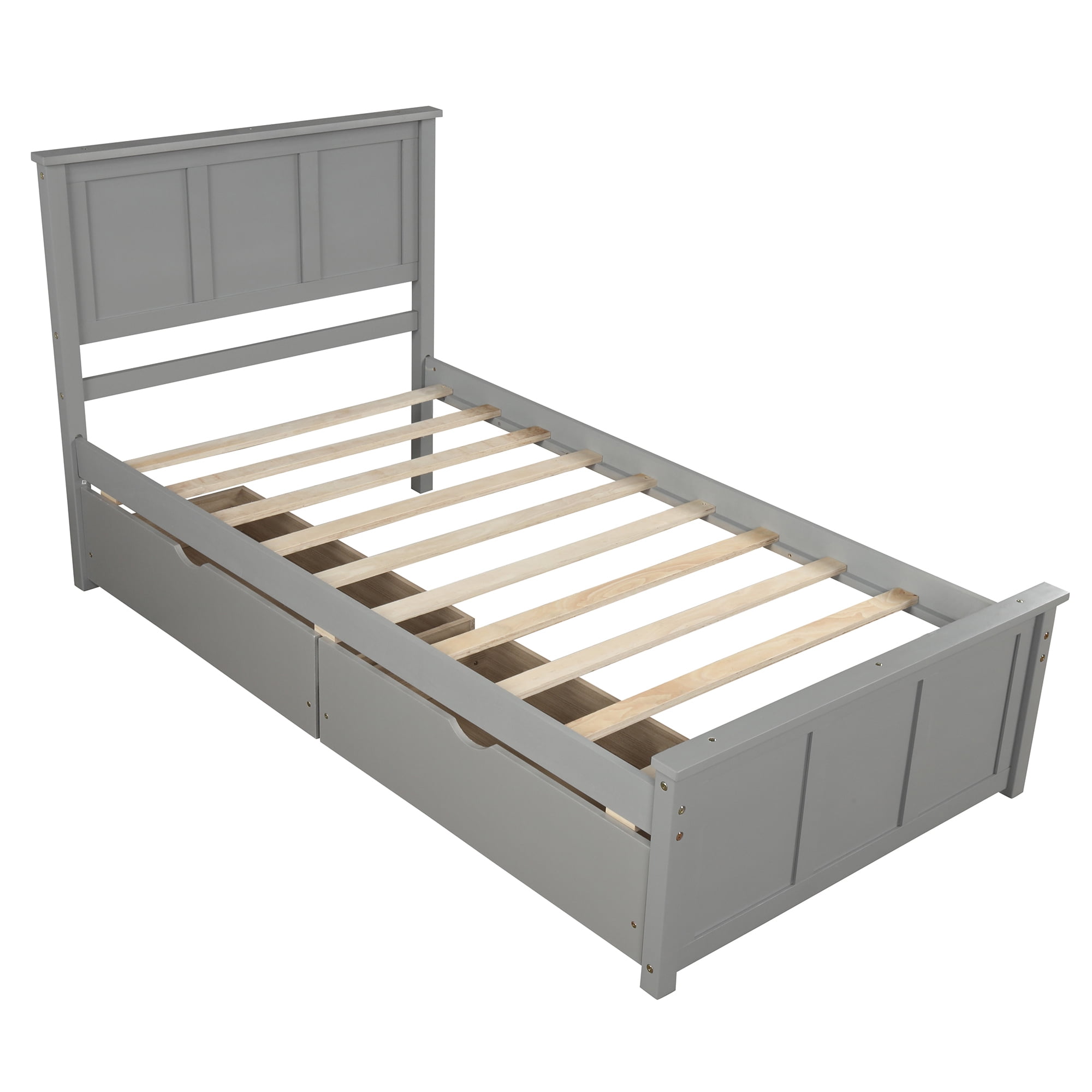 Twin Size Platform Bed, Elegant Wood Bed Frame with 2 Drawers, Minimalistic Wood Platform Bed with Solid Pine Wood Headboard, Wood Slat Support Mattress Foundation, Twin, White, SS1013