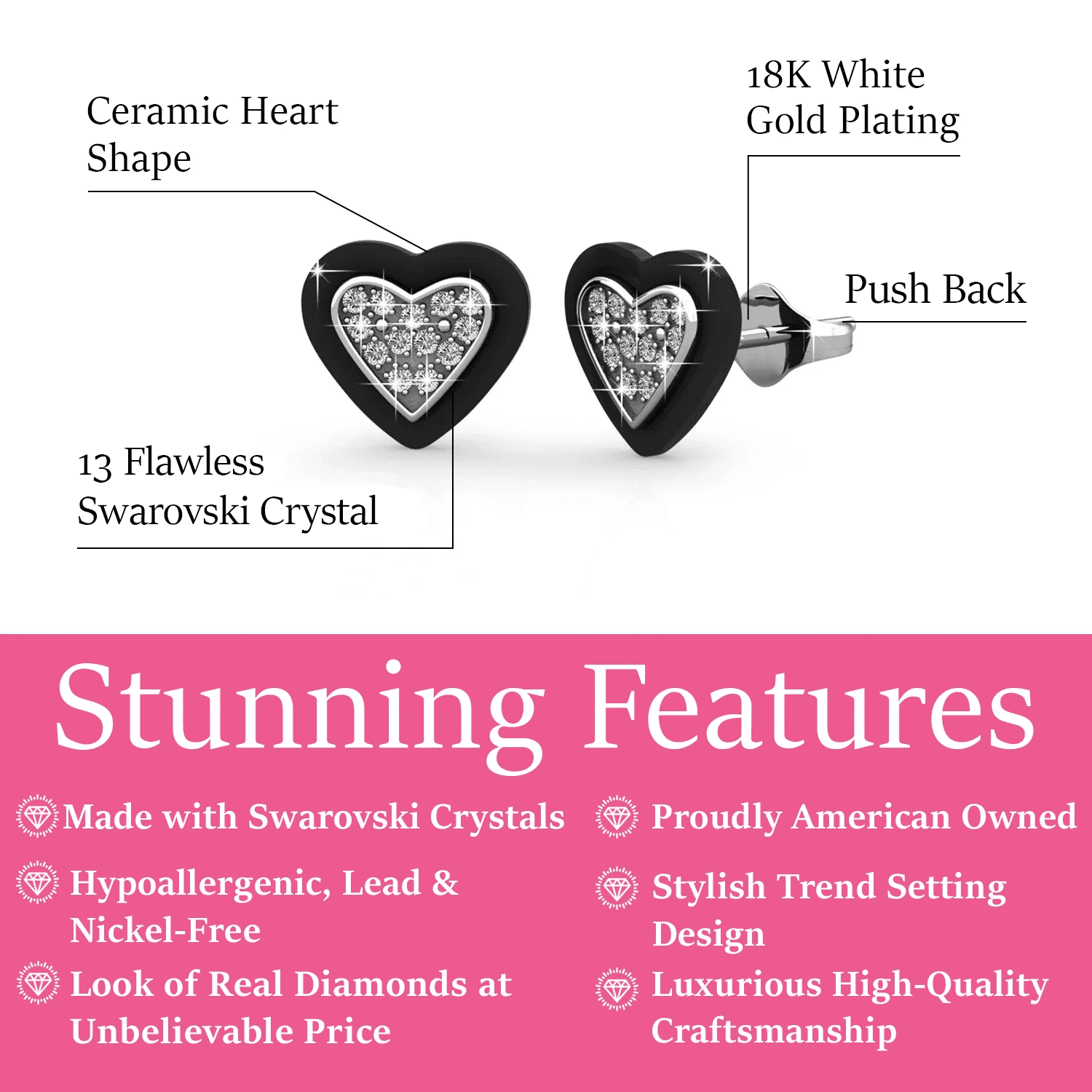 Cate & Chloe Rory Dainty Heart Stud Earrings with Ceramic Halo and Swarovski Crystals for Women