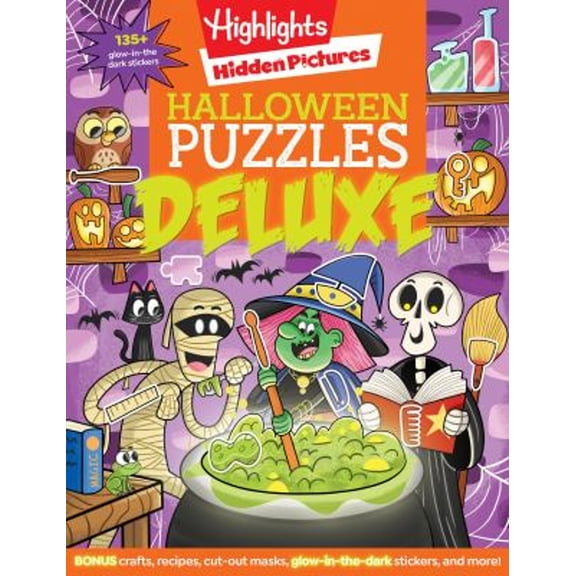 Pre-Owned Halloween Puzzles Deluxe : Halloween Activity Book for Kids, 135 Glow-In-the-Dark Stickers, 96-pages of Mazes, Puzzles with Halloween Crafts and Recipes (Paperback) 9781644728420