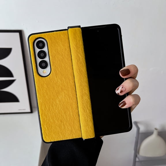 K-Lion for Samsung Galaxy Z Fold 3 Mink Horsehair Hinge Protection Case, Slim Fit Lightweight Raised Frame Camera Lens Protection Anti-Scratch Dustproof Case for ZFold 3 7.6 inch,Yellow