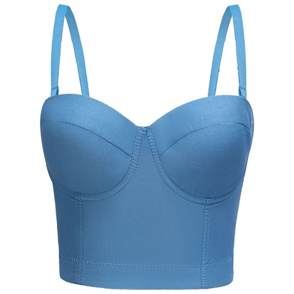 Women's Round Neck Lace Fishbone Spaghetti Strap Camisole, Built-In Padded Bra Steel Boned Corset Bustier Tank Top Waist Shaping Shapewear Blue 38