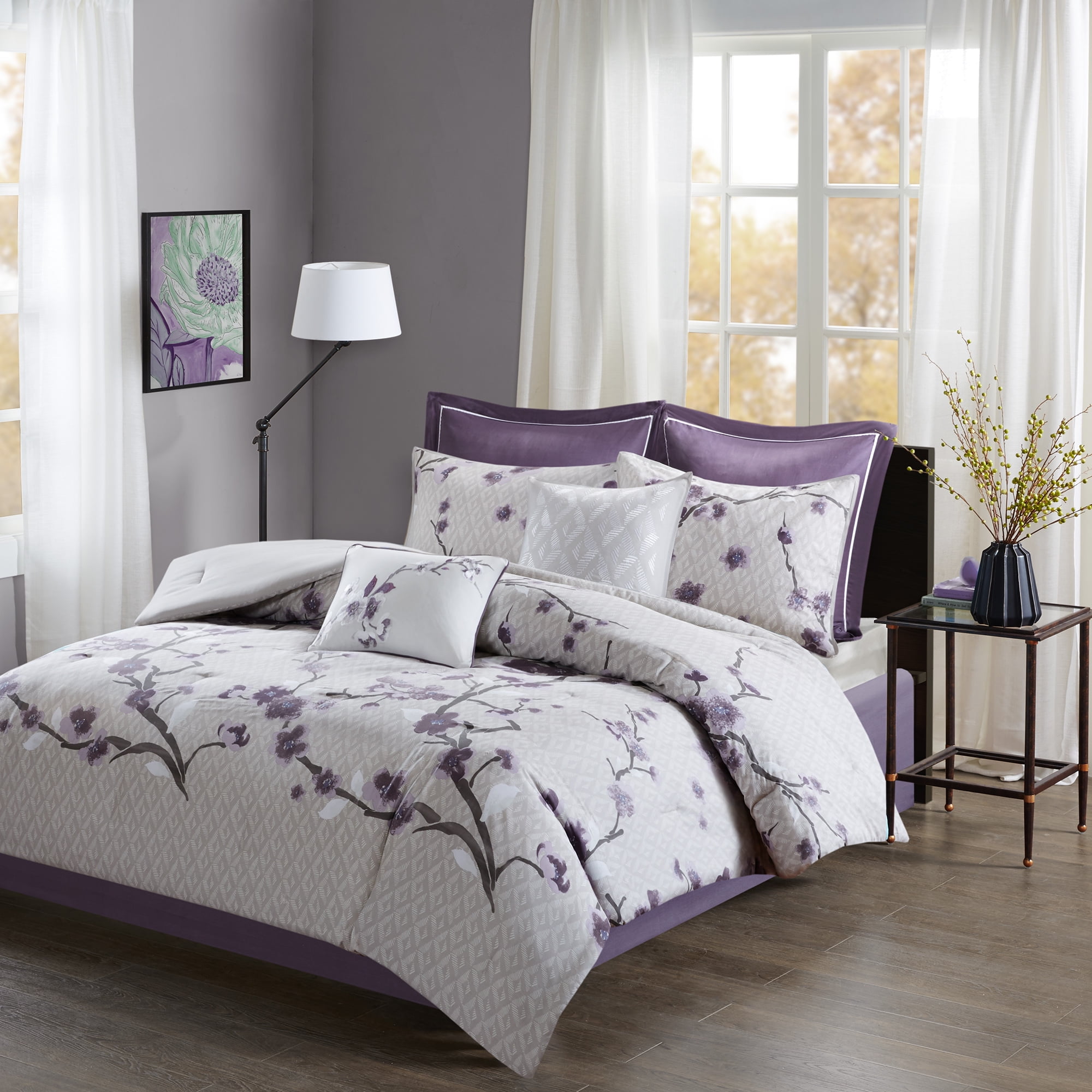 Fancy Linen 3pc Embroidery Queen Off White Purple Lavender Duvet